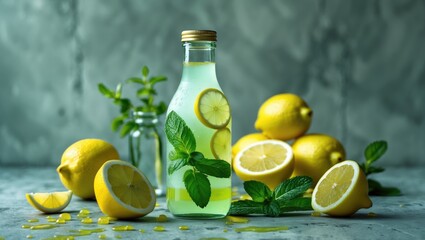 Poster - Lemonade in a glass bottle with lemon slices and fresh mint on a textured surface with whole lemons and mint leaves arranged around