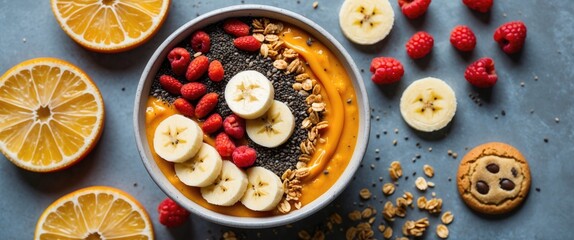 Poster - Fruit smoothie bowl topped with banana slices, raspberries, chia seeds, granola, and a cookie on a blue background.