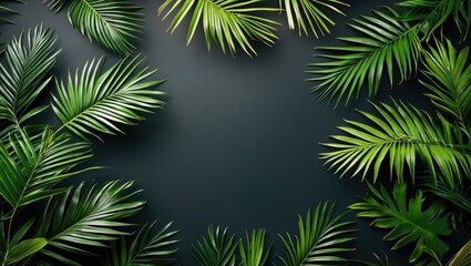 Wall Mural - Green tropical leaves on a dark background creating a natural frame design for various applications in decoration and branding.