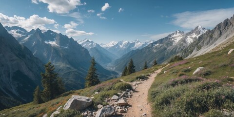 Wall Mural - Mountain landscape with rocky path leading through green valley and snow-capped peaks under blue sky with scattered clouds.