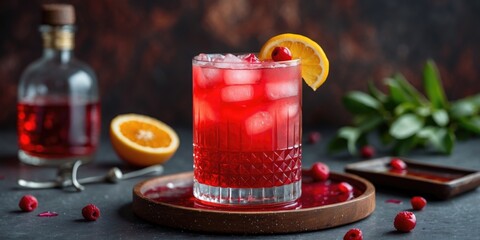 Wall Mural - Cocktail glass filled with red drink and ice garnished with lemon slice and raspberries with bottle and orange in background