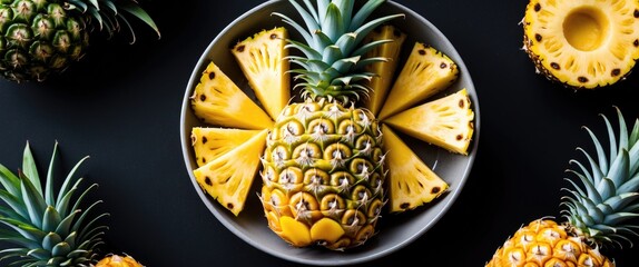 Poster - Fresh pineapple sliced on a gray plate with whole pineapples around against a dark background showcasing vibrant colors and textures.