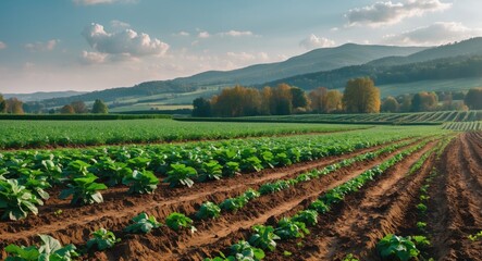 Wall Mural - Vast agricultural field with rows of green crops and distant mountains under a partly cloudy sky during the day.