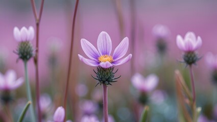 Wall Mural - Close-up of pale purple flowers with yellow centers surrounded by blurred field of pink and green plants in soft focus background