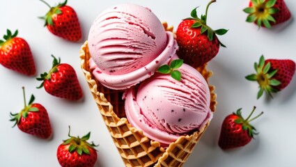 Wall Mural - Strawberry ice cream scoops in a waffle cone surrounded by fresh strawberries on a white background