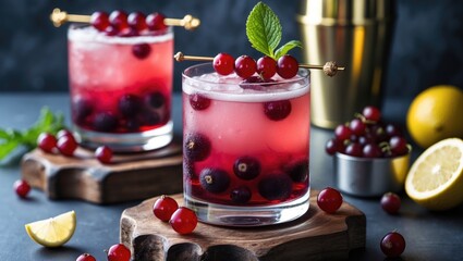 Wall Mural - Fresh berry cocktails with mint and lemon served in glasses on wooden coasters with garnishes in a dark background setting