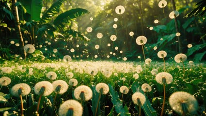 Poster - Dandelion field in a lush green forest with sunlight filtering through trees and dandelion seeds floating in the air