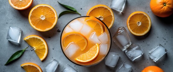 Poster - Glass of orange juice with ice cubes surrounded by fresh orange slices and leaves on a textured surface