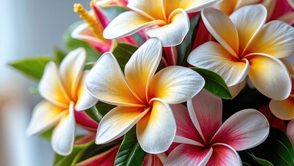 Wall Mural - Vibrant close-up of tropical frangipani flowers with yellow and pink petals and green leaves arranged in a stylish bouquet.