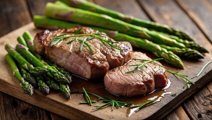 Canvas Print - Grilled pork chops served with fresh asparagus on a wooden cutting board garnished with herbs