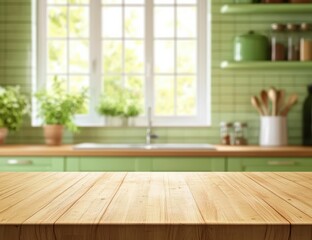 Wall Mural - Empty wooden table in a blurred green kitchen