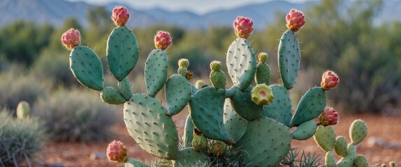 Wall Mural - Prickly pear cactus with blooming flowers in desert landscape against soft mountain background