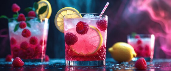 Poster - Refreshing fruit cocktails with raspberries, lemon slices, ice cubes served in crystal glasses against a colorful background