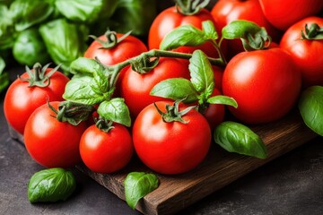 Fresh tomatoes and vibrant basil leaves are artfully arranged on a wooden cutting board, showcasing the essence of a flavorful culinary experience.