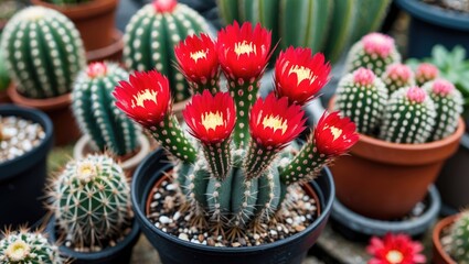 Wall Mural - Colorful flowering cacti with bright red blooms in ceramic pots surrounded by various other cacti in a greenhouse setting