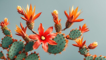 Wall Mural - Colorful blooming cactus with vibrant orange flowers against a light blue background showcasing unique desert flora