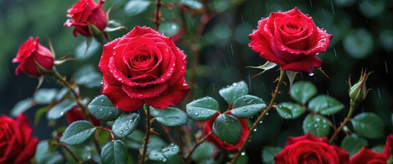 Wall Mural - Red roses covered in raindrops with green leaves in a lush garden setting during a rainy day