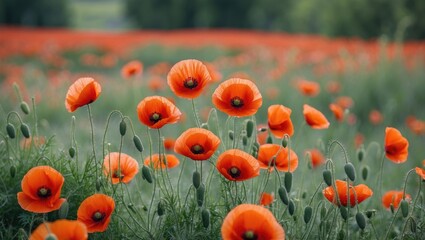 Wall Mural - Field of blooming red poppy flowers with green foliage under soft natural lighting during daytime in a rural setting.