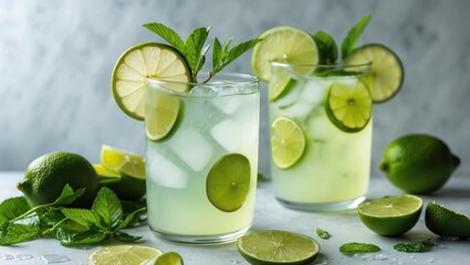 Poster - Fresh homemade lemonade with lime slices and mint leaves in clear glasses on a marble surface with limes and mint garnish around