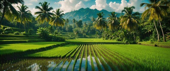 Wall Mural - Lush green rice terraces with reflections in water under a blue sky and tropical palm trees in mountainous landscape