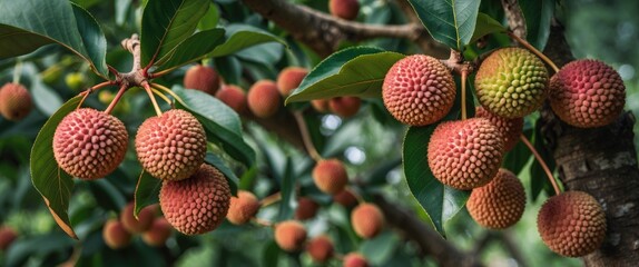 Poster - Lychee fruit growing on trees with green leaves and varying ripeness of fruit in a natural setting.