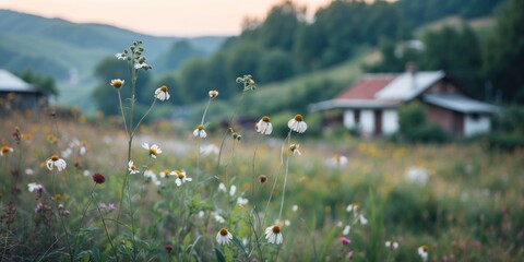 Wall Mural - Wildflower meadow with blooming flowers and rustic houses in the background under soft evening light in a tranquil rural setting