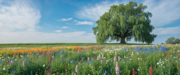 Wall Mural - Lush green meadow with colorful wildflowers under a blue sky featuring a large willow tree on the horizon