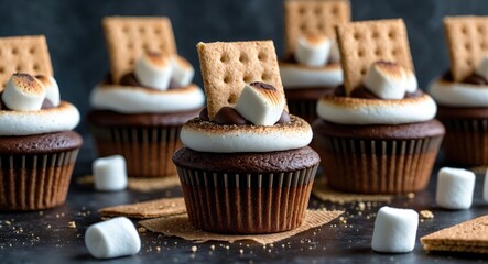 Wall Mural - Chocolate cupcakes with toasted marshmallow frosting, graham cracker pieces, and mini marshmallows on a dark background.