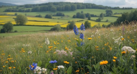 Wall Mural - Colorful wildflower meadow with lush green hills and a cloudy sky in the background during daytime.