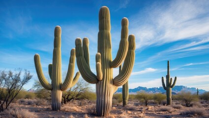 Poster - Saguaro cacti in the Sonoran Desert under blue sky with wispy clouds mountains in background daytime scene