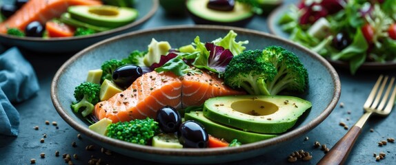 Sticker - Healthy salad bowl with salmon, avocado, broccoli, mixed greens, and olives on dark blue background with salad plates in the background