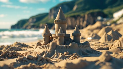 Wall Mural - Sand castle on a beach with ocean view under sunny sky surrounded by sandy dunes and lush green hills in the background