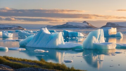 Wall Mural - icebergs floating in a tranquil lake with a mountainous landscape and soft sunlight during golden ho