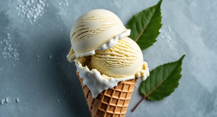 Wall Mural - vanilla ice cream scoops in waffle cone with white chocolate drizzle and green leaves on gray background