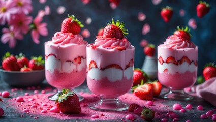 Wall Mural - Delicious Strawberry Falooda in Elegant Glasses with Fresh Berries and Whipped Cream Garnish Perfect for Summer Desserts or Refreshing Treats