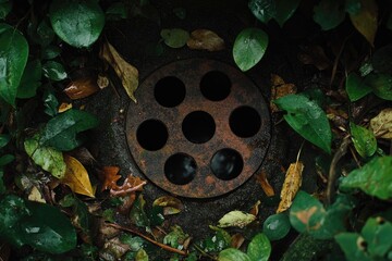 Canvas Print - Rusted Metal Drain in Greeenery