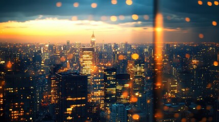 Wall Mural - Aerial view of a vibrant city illuminated at night, showcasing glistening raindrops on the window, creating a captivating urban atmosphere.