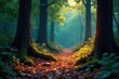 © toyrakit - Shimmering forest floor with sparkly leaves and glowing tree bark, glowing foliage, radiant nature