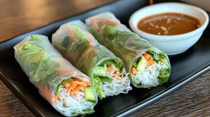 Wall Mural - plant based dishes organic low calorie concept. Fresh spring rolls filled with vegetables and rice noodles, served with a side of peanut sauce for dipping.