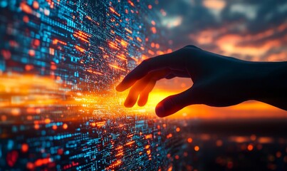 Futuristic Hand Interacting with Digital Data Stream in Virtual Reality Environment at Sunset for Business Technology and Innovation Concepts