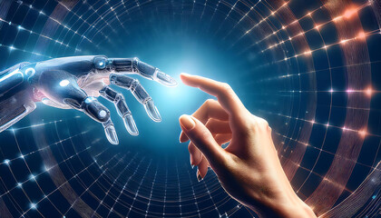 businessman hand and ai robot hand with binary code