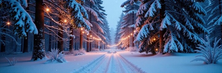 Wall Mural - Frosty forest with snow-covered trees and twinkling lights , winter, snowflakes