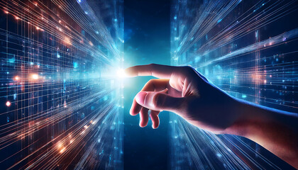 businessman hand and ai robot hand with binary code