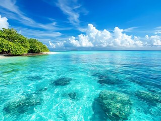 Idyllic tropical beach scene with crystal-clear turquoise water, lush greenery, and fluffy white clouds under a vibrant blue sky.