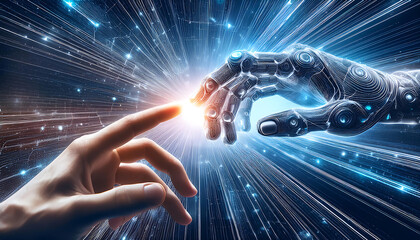 businessman hand and ai robot hand with binary code