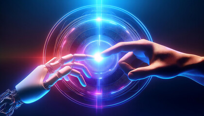 businessman hand and ai robot hand with binary code