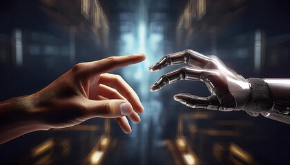 businessman hand and ai robot hand with binary code