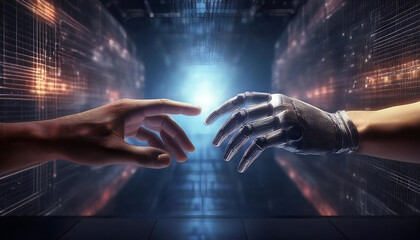 businessman hand and ai robot hand with binary code