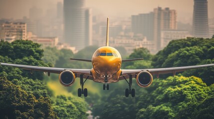 Sticker - A large passenger jet soars gracefully above an urban landscape, showcasing modern aviation in a vibrant city setting.