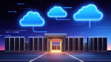 cloud system service provider. futuristic data center with glowing clouds representing cloud computi